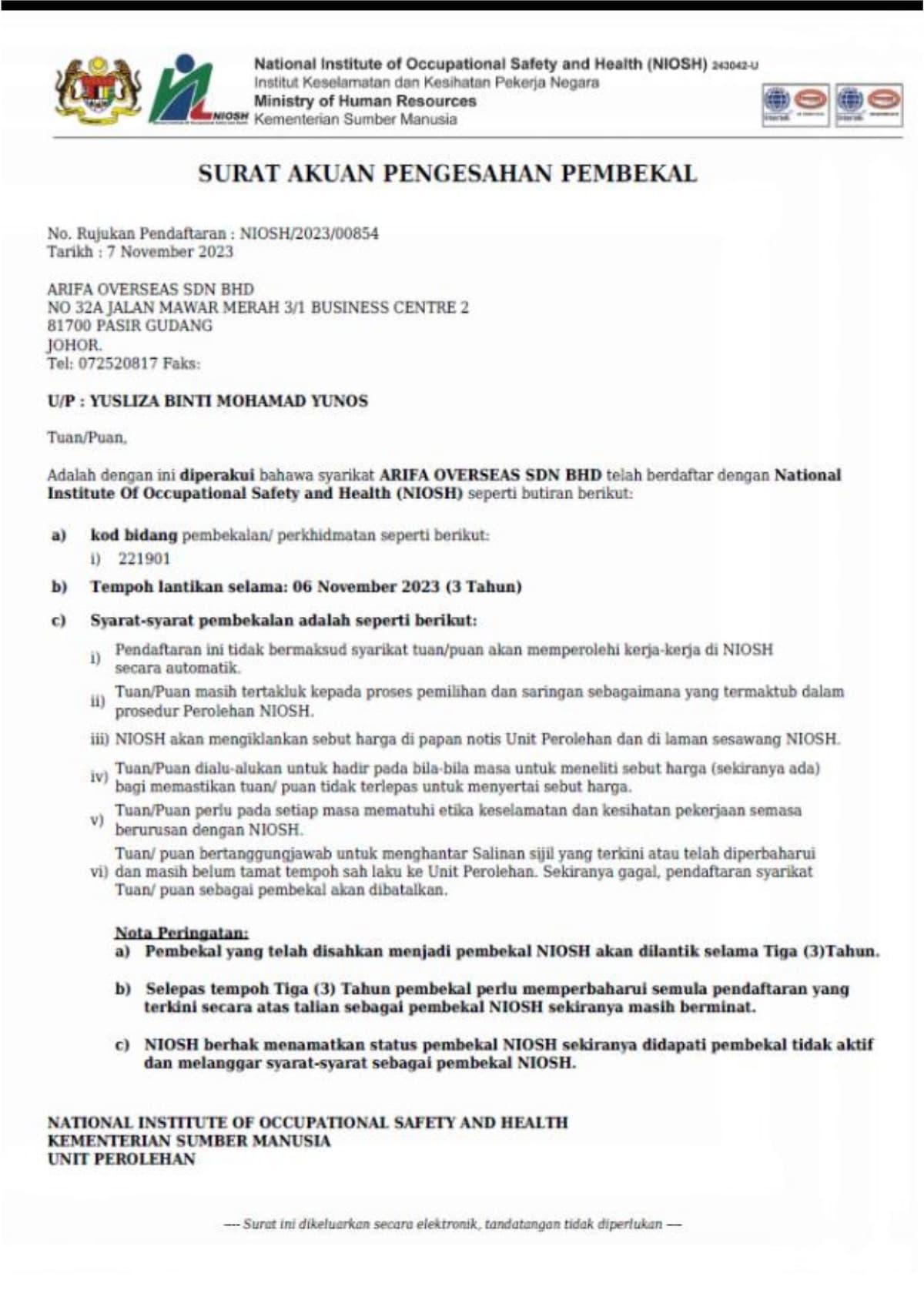 NIOSH / DOSH Safety Certificate